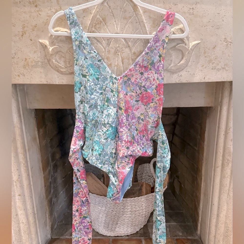 Beach Riot Floral Wrap one piece swimsuit in Green and Pink